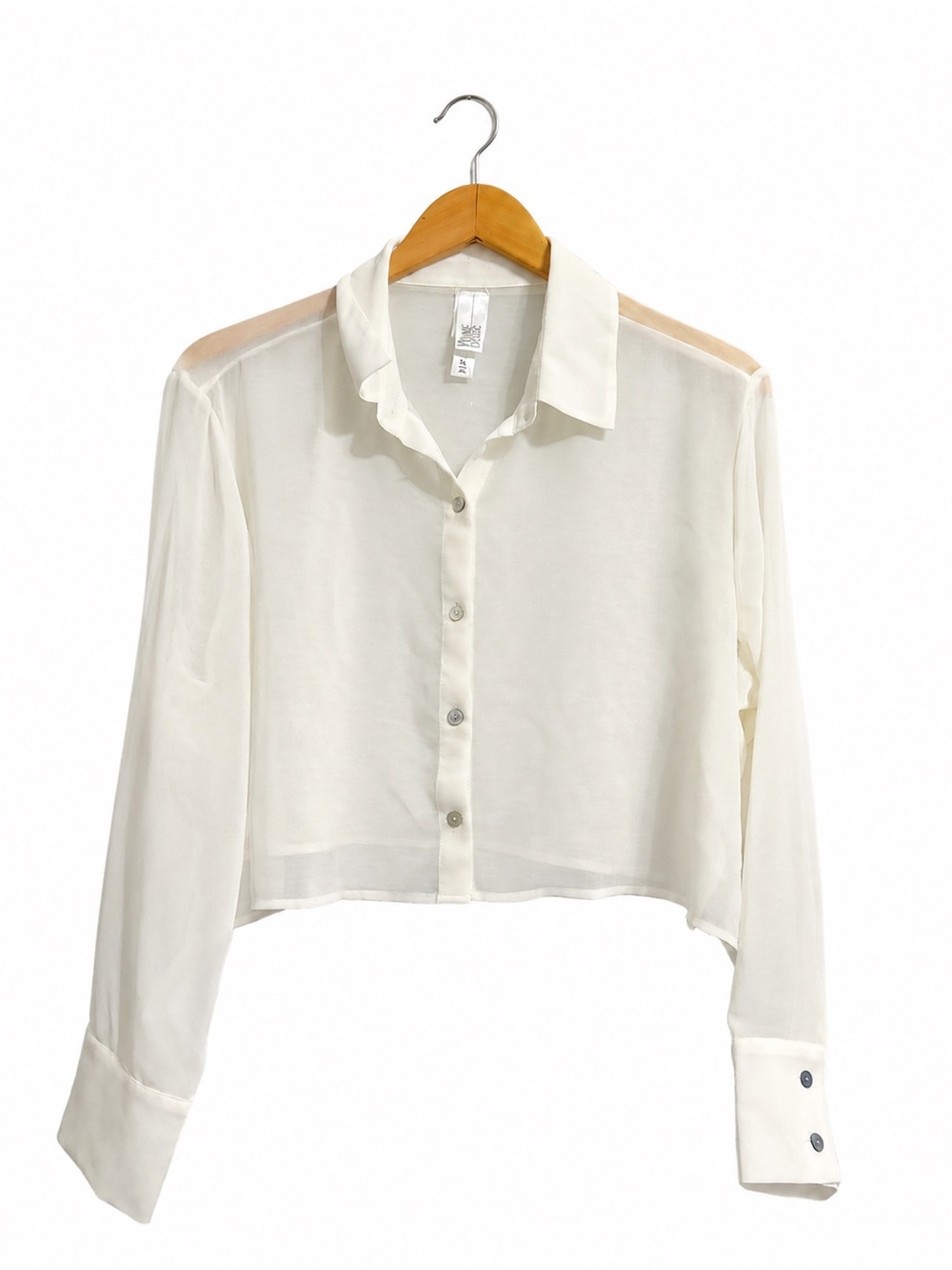 WynneLayers White Sheer Button Down Blouse XL | Chic Cropped Long Sleeve Top
